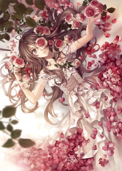 Anime-Bild 2342x3300 mit original eshi 100-nin ten hagiwara rin single long hair tall image looking at viewer highres brown hair brown eyes lying scan on back dutch angle outstretched arm covering eye (eyes) flower over eye girl dress flower (flowers)