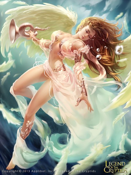 Anime picture 1000x1333 with legend of the cryptids zhang wei yi single long hair tall image blonde hair barefoot looking down flying angel wings crying sad angel girl wings jewelry feather (feathers) bubble (bubbles)