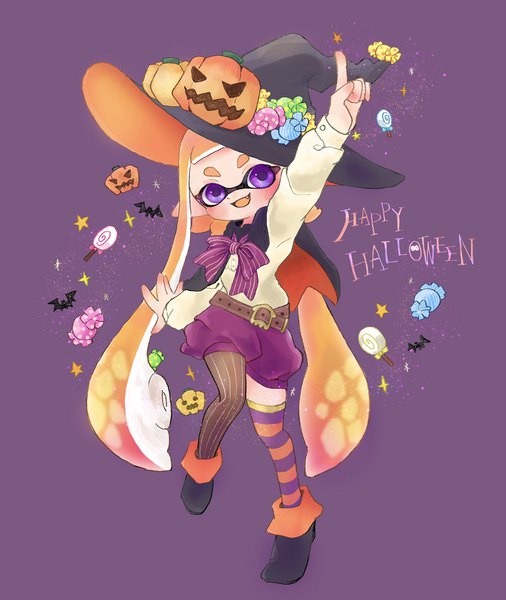 Anime picture 1726x2048 with splatoon nintendo inkling remoneeed 22 single long hair tall image highres open mouth simple background purple eyes full body :d arm up orange hair eyebrows halloween purple background asymmetrical legwear happy halloween