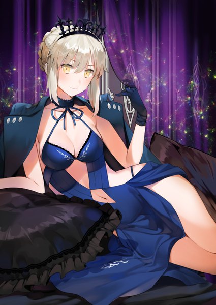 Anime picture 650x918 with fate (series) fate/grand order artoria pendragon (all) artoria pendragon (alter swimsuit rider) (fate) ice (ice aptx) single tall image looking at viewer blush fringe short hair breasts light erotic blonde hair hair between eyes yellow eyes payot cleavage light smile reclining