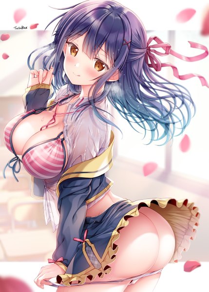 Anime-Bild 1000x1399 mit original nanami yuuno sousouman single long hair tall image looking at viewer blush fringe breasts light erotic large breasts standing brown eyes signed payot blue hair cleavage ass head tilt