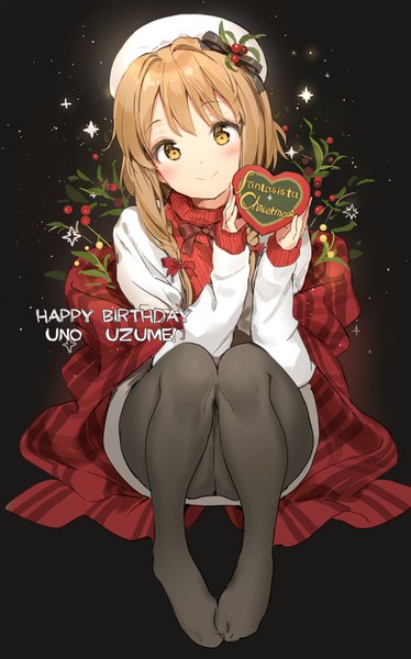 Anime picture 1200x1924 with fantasista doll uno uzume anmi single long hair tall image looking at viewer blush smile brown hair sitting holding yellow eyes full body braid (braids) head tilt no shoes twin braids christmas girl