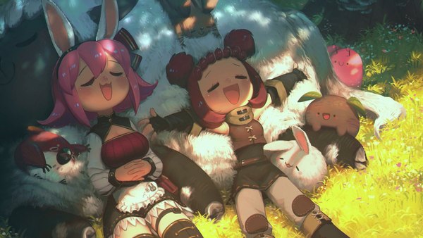 Anime-Bild 3200x1800 mit original porforever highres short hair open mouth smile wide image multiple girls animal ears pink hair red hair lying eyes closed :d sunlight shadow on back bunny ears spread arms sleeping