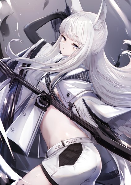 Anime picture 1158x1638 with arknights platinum (arknights) nekoya (liu) single long hair tall image fringe light erotic standing holding signed animal ears payot looking away silver hair blunt bangs arm up wind grey background wide sleeves