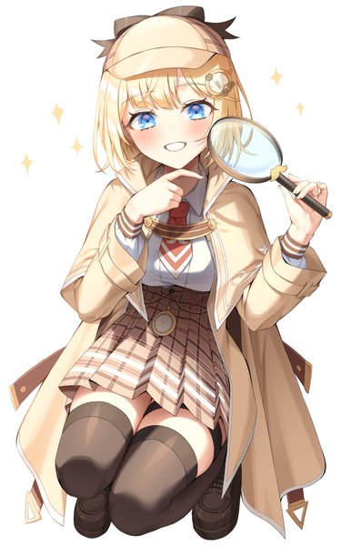 Anime picture 2500x4000 with virtual youtuber hololive hololive english watson amelia xiho (suna) single tall image looking at viewer blush fringe highres short hair blue eyes simple background blonde hair smile white background holding full body bent knee (knees)