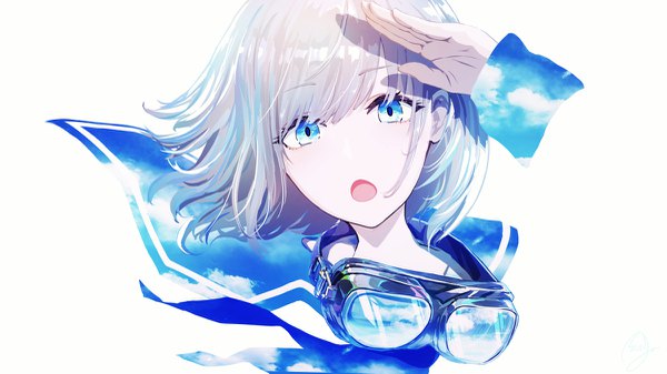 Anime picture 1200x675 with idolmaster idolmaster shiny colors serizawa asahi minyom single looking at viewer blush fringe open mouth blue eyes simple background hair between eyes wide image white background silver hair upper body head tilt arm up :o face
