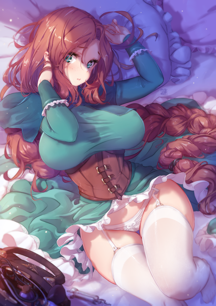 Anime picture 2893x4096 with original mitsu (mitsu art) single tall image looking at viewer blush fringe highres breasts light erotic hair between eyes brown hair large breasts lying braid (braids) long sleeves very long hair aqua eyes from above arms up