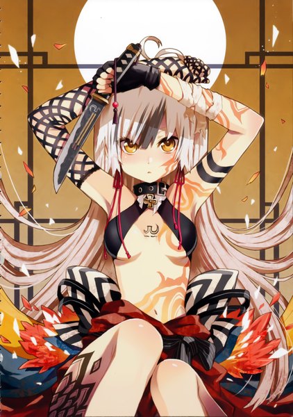 Anime picture 4925x7002 with original japanese sword girls (artbook) chiba sadoru single long hair tall image highres breasts light erotic sitting yellow eyes absurdres cleavage white hair scan tattoo girl navel weapon collar