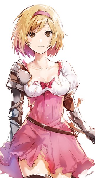 Anime picture 600x1115 with granblue fantasy gita (granblue fantasy) arisaka ako single tall image looking at viewer fringe short hair breasts light erotic simple background blonde hair white background brown eyes signed cleavage thighs torn clothes walking sheathed