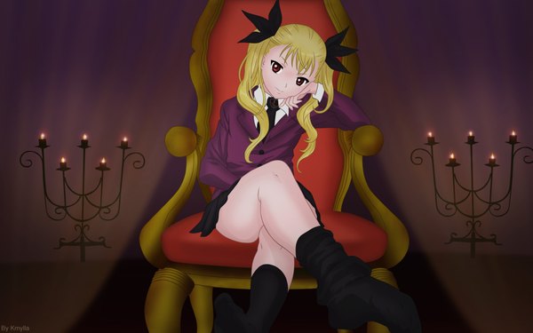 Anime picture 1920x1200 with dance in the vampire bund shaft (studio) mina tepes long hair highres blonde hair red eyes wide image sitting twintails signed loli legs head rest girl socks black socks candle (candles) throne