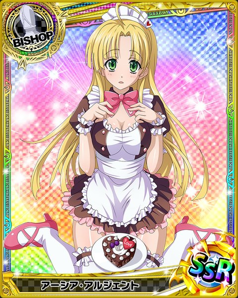 Anime picture 640x800 with highschool dxd asia argento single long hair tall image looking at viewer blush open mouth blonde hair green eyes maid card (medium) valentine girl thighhighs dress uniform white thighhighs frills headdress