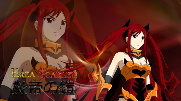 Anime picture 1366x768 with fairy tail erza scarlet chichiwiya long hair simple background wide image bare shoulders brown eyes red hair braid (braids) inscription twin braids pale skin zoom layer girl armor