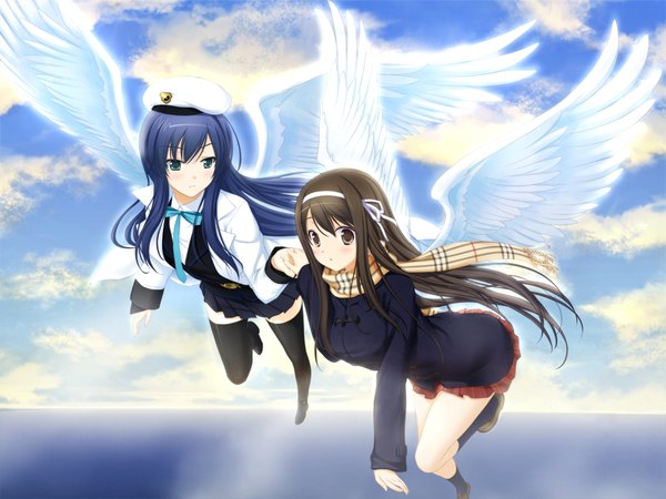 Anime picture 1024x768 with seifuku tenshi (game) nanami shion neon (seifuku tenshi) kisaragi myau long hair black hair multiple girls brown eyes green eyes blue hair game cg sky cloud (clouds) flying girl thighhighs skirt black thighhighs 2 girls miniskirt