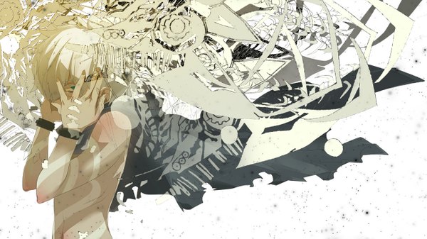 Anime picture 1300x731 with vocaloid ghost of azalea (nico nico singer) single looking at viewer short hair blonde hair wide image standing white background nail polish aqua eyes grey hair midriff tears dust boy navel bracelet scarf cloak