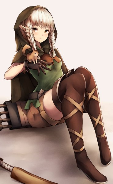 Anime picture 1200x1950 with dragon's crown vanillaware elf (dragon's crown) snm (sunimi) single long hair tall image looking at viewer blush fringe simple background sitting brown eyes full body bent knee (knees) white hair braid (braids) :o twin braids outstretched arm