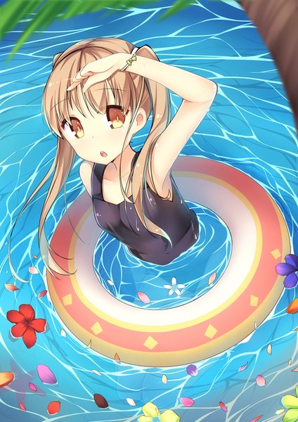 Anime picture 1240x1754 with original amemiya ruki single long hair tall image fringe brown hair twintails :o swimming girl flower (flowers) swimsuit plant (plants) petals tree (trees) water one-piece swimsuit palm tree school swimsuit