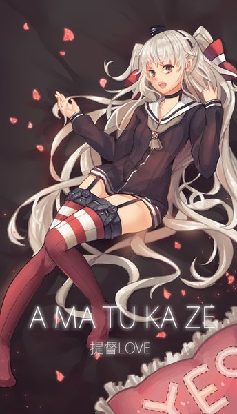 Anime picture 2480x4327 with kantai collection amatsukaze destroyer tsubasa19900920 single tall image looking at viewer highres open mouth brown eyes silver hair very long hair two side up character names reclining girl thighhighs hat petals hair tubes sailor suit