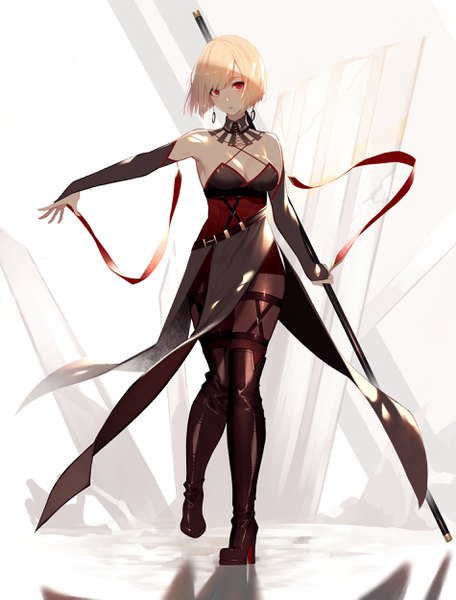 Anime picture 1900x2500 with original kisui single tall image looking at viewer fringe highres short hair breasts light erotic blonde hair simple background red eyes standing white background bare shoulders holding cleavage full body parted lips