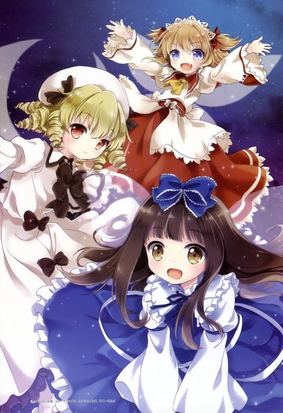 Anime picture 2431x3542 with touhou star sapphire luna child sunny milk kona (canaria) tall image blush highres short hair open mouth blue eyes red eyes multiple girls brown eyes drill hair girl dress bow hair bow wings