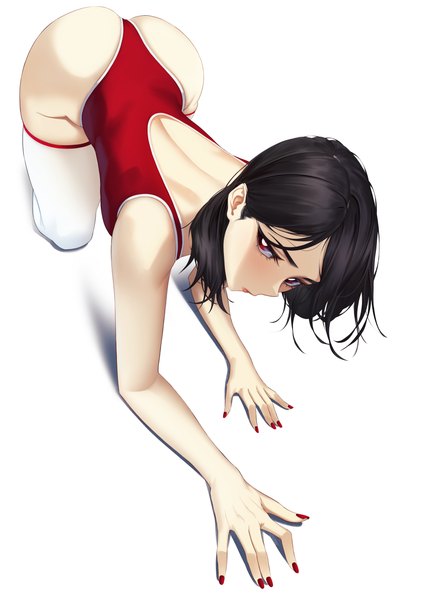 Anime picture 4000x5658 with original blueorca single long hair tall image looking at viewer blush fringe highres light erotic black hair simple background red eyes white background absurdres ass nail polish fingernails from above on all fours