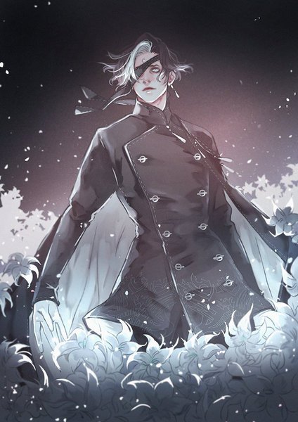 Anime picture 636x900 with final fantasy nier final fantasy xiv square enix emet-selch saito yukihiro single tall image short hair black hair standing looking away long sleeves multicolored hair wind two-tone hair streaked hair dark background cosplay double buttons