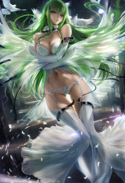 Anime picture 2394x3500 with code geass sunrise (studio) c.c. sakimichan single long hair tall image looking at viewer fringe highres breasts light erotic hair between eyes large breasts standing bare shoulders yellow eyes payot cleavage full body