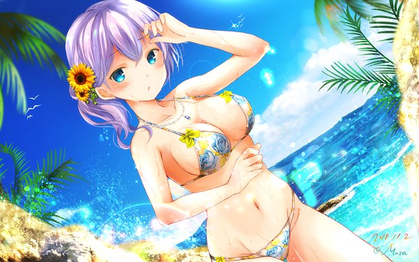 Anime picture 1920x1200 with girlfriend (kari) murakami fumio masa (mirage77) single looking at viewer blush fringe highres short hair breasts blue eyes light erotic hair between eyes large breasts standing bare shoulders signed payot sky cleavage