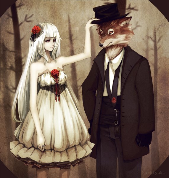 Anime picture 948x996 with original hachiyuki long hair tall image smile red eyes bare shoulders looking away white hair hair flower hand on head girl dress hair ornament flower (flowers) hat animal suit fox tuxedo