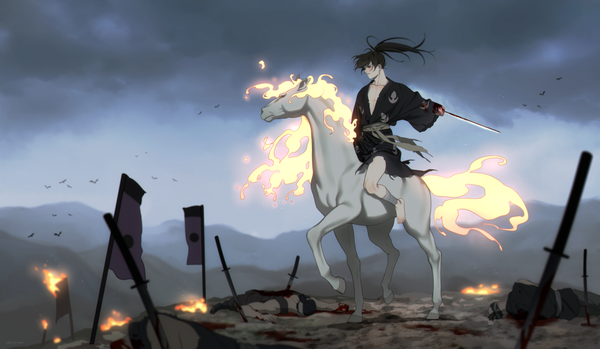 Anime picture 2490x1452 with dororo (tezuka) hyakkimaru (dororo) e7 (runaway162) long hair highres black hair wide image looking away sky cloud (clouds) full body bent knee (knees) outdoors ponytail traditional clothes japanese clothes profile barefoot wind black eyes