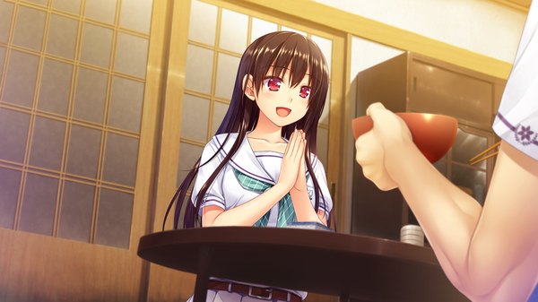 イラスト 1280x720 と boku no hitori sensou akabei soft2 inuzuka rumi 長髪 赤面 開いた口 黒髪 赤い目 wide image 座る game cg happy 女の子 制服 学生服