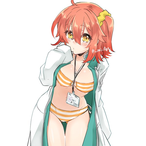 Anime picture 800x800 with fate (series) fate/grand order fujimaru ritsuka (female) shino-o single looking at viewer blush fringe short hair breasts light erotic simple background hair between eyes large breasts standing white background brown eyes signed ahoge orange hair