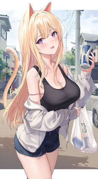 Anime picture 2336x4229 with original emyo single long hair tall image blush fringe highres breasts open mouth blonde hair smile large breasts standing purple eyes bare shoulders holding cleavage outdoors tail