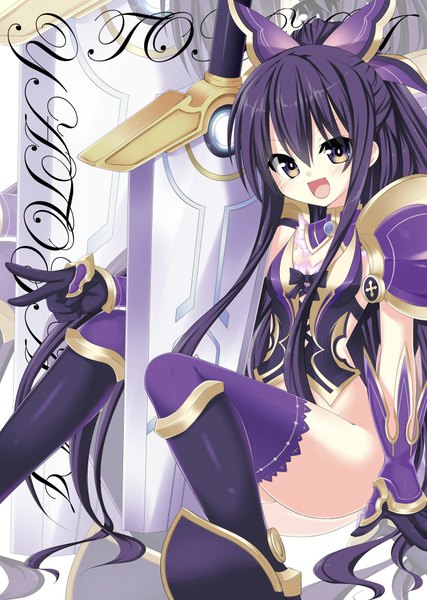 Anime picture 1422x2000 with date a live yatogami tooka sigemi single long hair tall image looking at viewer blush open mouth light erotic brown eyes purple hair half updo girl thighhighs dress weapon sword