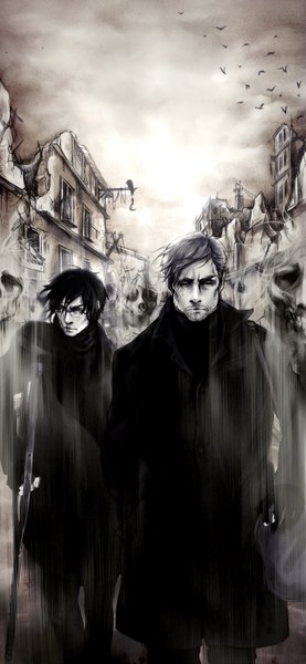 Anime picture 1373x2973 with original lorenamgrim tall image short hair black hair looking away grey hair grey eyes city scar pale skin hand in pocket walking ghost boy animal glasses window bird (birds) building (buildings)