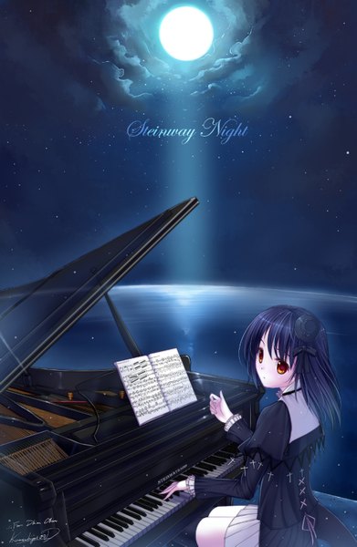 Anime picture 1024x1569 with original caidychen single long hair tall image red eyes sitting blue hair cloud (clouds) looking back inscription night sky girl dress ribbon (ribbons) hair ribbon black dress moon star (stars) full moon