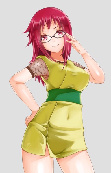 Anime picture 960x1500 with naruto studio pierrot naruto (series) karin (naruto) esg (essagna) single long hair tall image looking at viewer fringe breasts simple background smile red eyes standing signed payot red hair grey background alternate costume