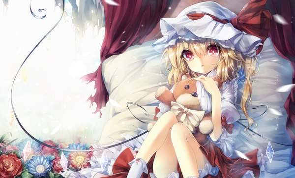 Anime picture 3000x1814 with touhou flandre scarlet teco uk single looking at viewer highres short hair open mouth blonde hair red eyes wide image sitting ponytail side ponytail knees touching girl flower (flowers) ribbon (ribbons) hat wings