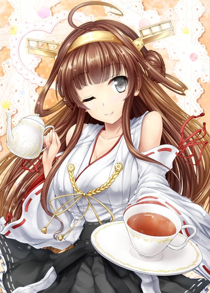 Anime picture 805x1120 with kantai collection kongou battleship y2 single long hair tall image looking at viewer brown hair ahoge traditional clothes japanese clothes one eye closed wink grey eyes hair bun (hair buns) nontraditional miko girl skirt ribbon (ribbons) detached sleeves