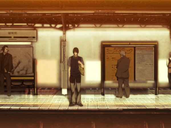 Anime picture 1600x1200 with sweet pool nitro+chiral youji sakiyama fringe short hair brown hair standing scan boy shirt necktie pants vest people train station railways