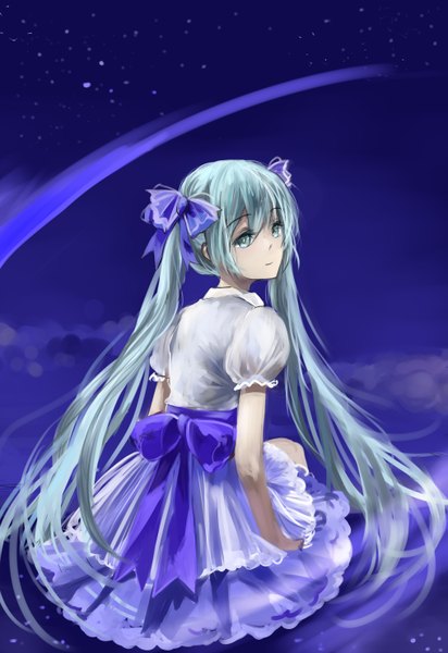 Anime picture 2031x2952 with vocaloid hatsune miku moriz single tall image highres twintails green eyes very long hair looking back green hair girl dress bow hair bow