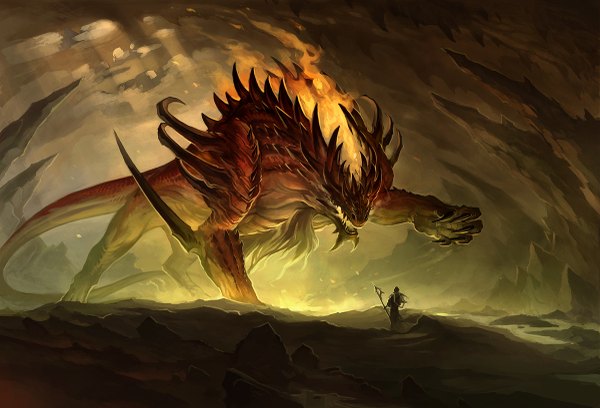 Аниме картинка 1200x817 с оригинальное изображение sandara рог (рога) свет воин посох огонь чудовище коготь (когти) пещера