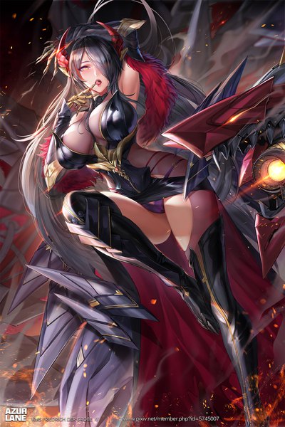 Anime picture 1300x1950 with azur lane friedrich der grosse (azur lane) tsuki no i-min single long hair tall image looking at viewer blush fringe breasts open mouth light erotic black hair large breasts standing yellow eyes bent knee (knees) multicolored hair arm up horn (horns)