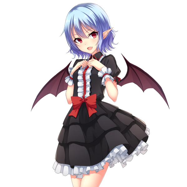 Anime picture 1080x1080 with touhou remilia scarlet junior27016 single looking at viewer fringe short hair open mouth simple background smile hair between eyes red eyes white background blue hair nail polish pointy ears short sleeves fang (fangs) alternate costume puffy sleeves