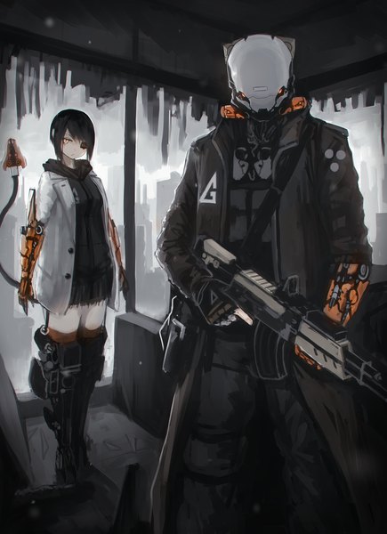 Anime picture 2540x3500 with original sumi elias kasagarasu tall image looking at viewer fringe highres short hair black hair standing holding payot looking away tail one eye closed open jacket orange eyes zettai ryouiki city cityscape
