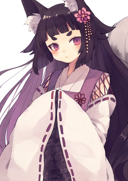 Anime picture 700x990 with original shugao single long hair tall image blush black hair simple background white background animal ears payot looking away tail blunt bangs traditional clothes japanese clothes animal tail pink eyes eyebrows hands in sleeves