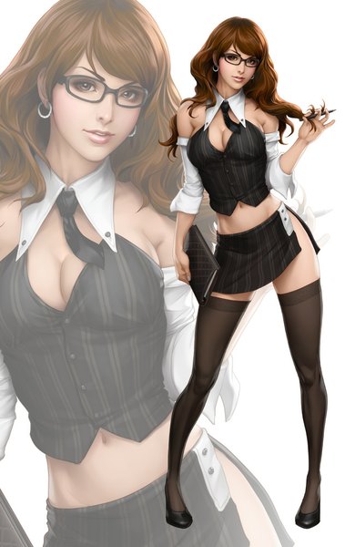Anime picture 650x1000 with artgerm (stanley lau) single long hair tall image looking at viewer blush breasts light erotic smile brown hair large breasts white background bare shoulders brown eyes cleavage lips realistic bare belly zoom layer girl