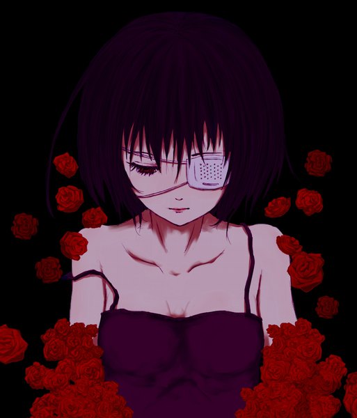 Anime picture 865x1012 with another p.a. works misaki mei alpina single tall image fringe short hair black hair simple background red eyes bare shoulders upper body black background looking down portrait strap slip bob cut girl flower (flowers)