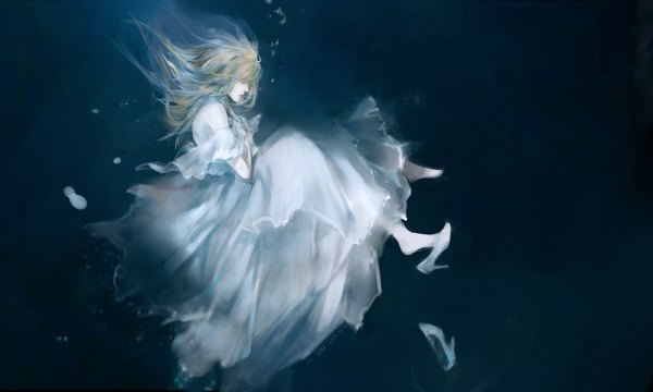 Anime picture 1200x720 with original lazy c single long hair blonde hair wide image bare shoulders eyes closed profile black background underwater girl dress white dress