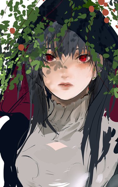 Anime picture 692x1100 with original chikage (chi g0) single long hair tall image looking at viewer fringe black hair hair between eyes red eyes upper body lips slit pupils girl plant (plants) hood turtleneck