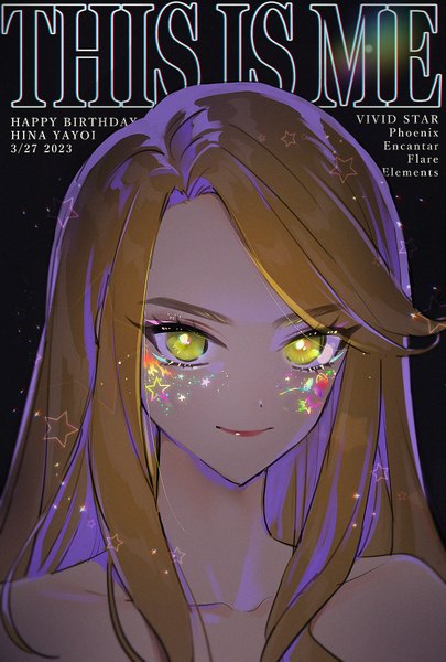 Anime picture 689x1020 with waccha primagi! pretty (series) yayoi hina o4ritarou single long hair tall image looking at viewer smile brown hair yellow eyes character names dated portrait happy birthday girl star (symbol)